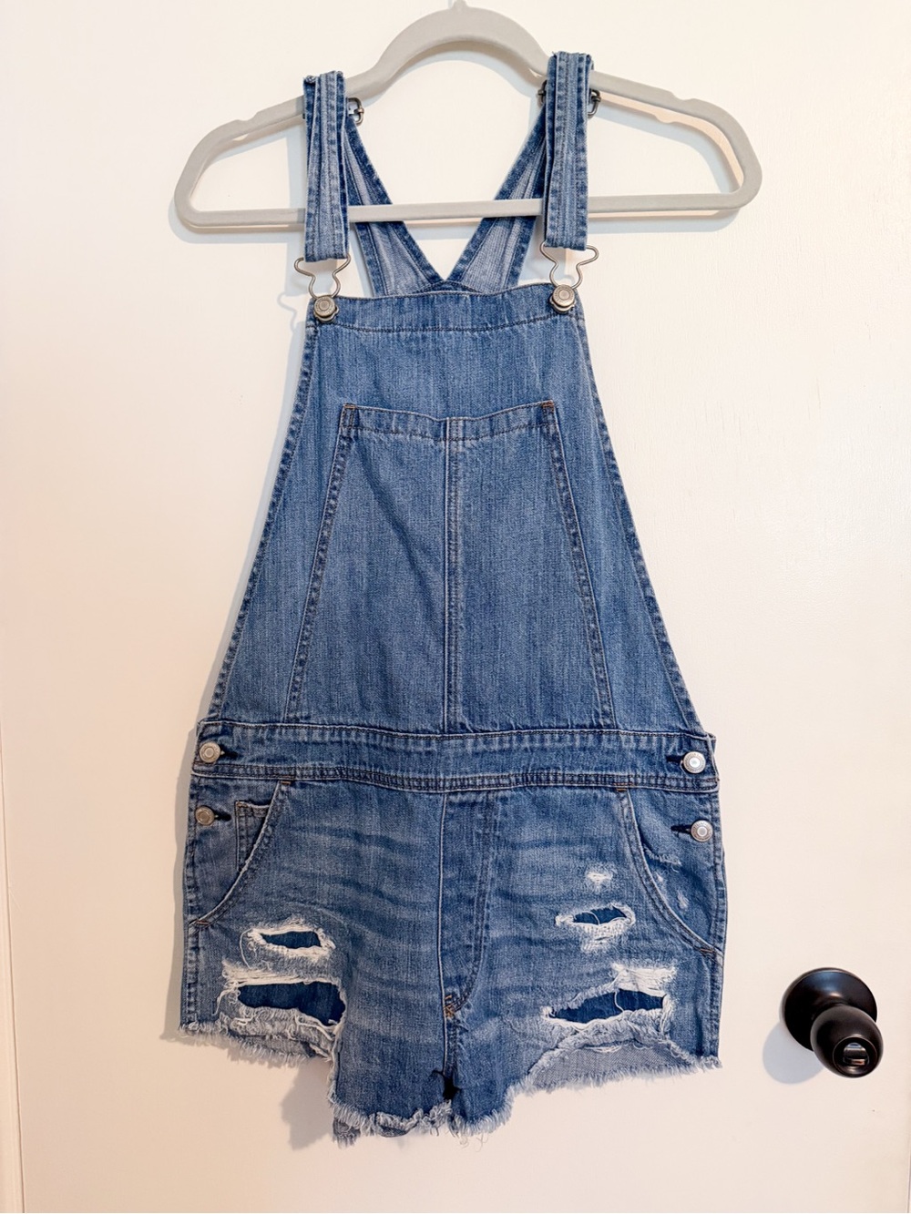 American Eagle Outfitters Blue Distressed Denim Short Overalls